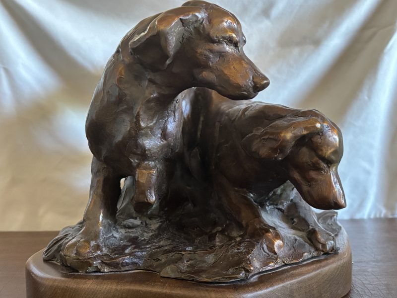 Sandy Scott Bracemates On Point dog hunting dog wildlife western bronze sculpture front