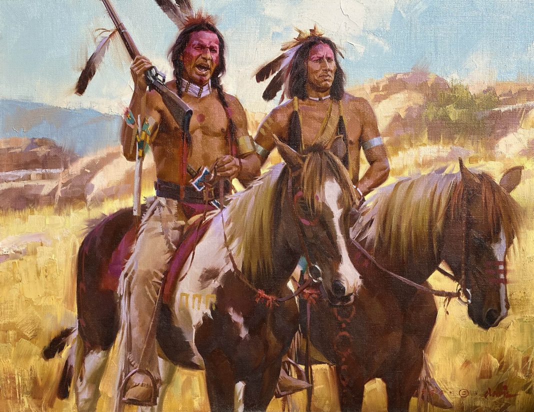 Stan Davis Proud Partners Native American Indian horse paint horse rifle warrior battle western oil painting