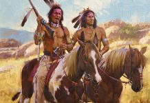 Stan Davis Proud Partners Native American Indian horse paint horse rifle warrior battle western oil painting