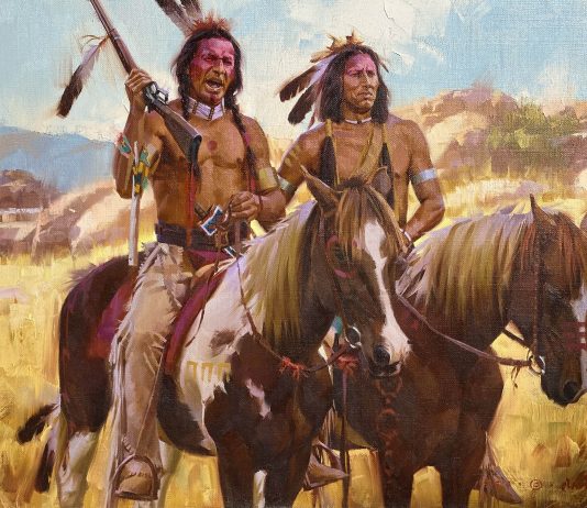 Stan Davis Proud Partners Native American Indian horse paint horse rifle warrior battle western oil painting