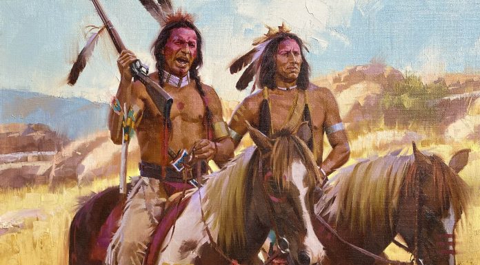 Stan Davis Proud Partners Native American Indian horse paint horse rifle warrior battle western oil painting