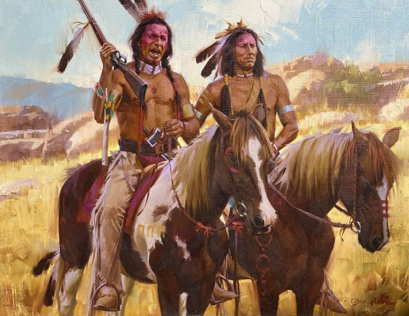 Stan Davis Proud Partners Native American Indian horse paint horse rifle warrior battle western oil painting