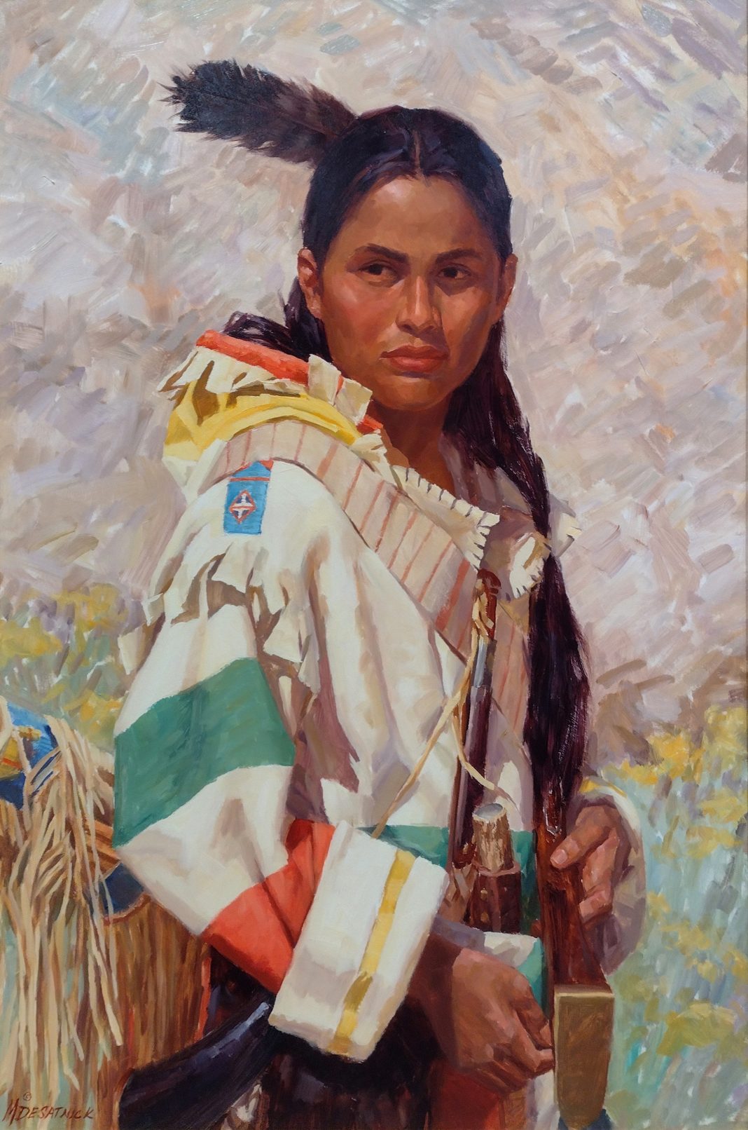 Mike Desatnick The Young Huntsman Native American Indian warrior Pendleton blanket western oil painting