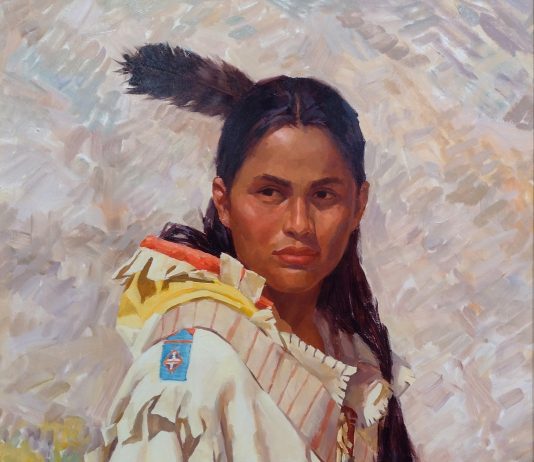 Mike Desatnick The Young Huntsman Native American Indian warrior Pendleton blanket western oil painting