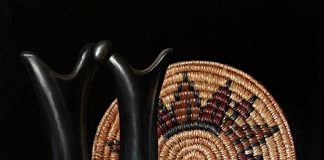 Sue Krzyston Ancient Artifacts Native American Indian stillife still life pottery basket moccasins rug western oil painting
