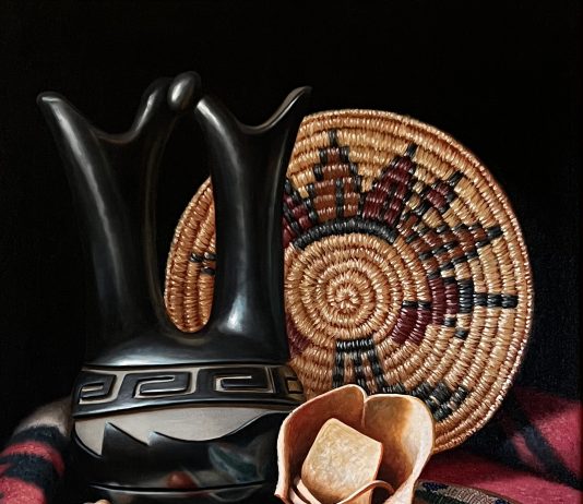 Sue Krzyston Ancient Artifacts Native American Indian stillife still life pottery basket moccasins rug western oil painting