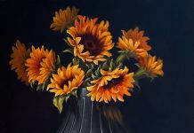 Sue Krzyston Fallen Petals sunflowers Native American rug pot stilllife still life western oil painting