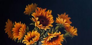 Sue Krzyston Fallen Petals sunflowers Native American rug pot stilllife still life western oil painting