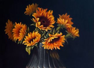 Sue Krzyston Fallen Petals sunflowers Native American rug pot stilllife still life western oil painting