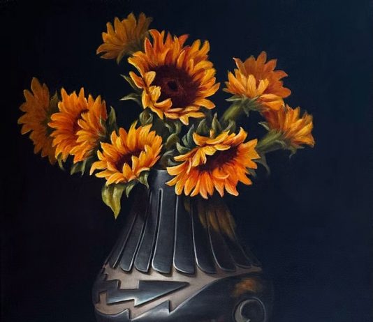 Sue Krzyston Fallen Petals sunflowers Native American rug pot stilllife still life western oil painting