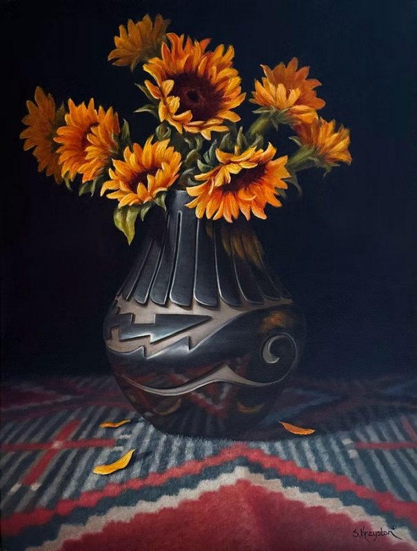 Sue Krzyston Fallen Petals sunflowers Native American rug pot stilllife still life western oil painting