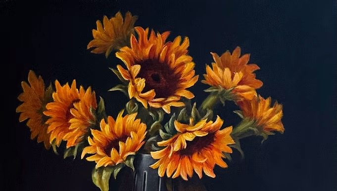 “Fallen Petals” Sue Krzyston Sue Krzyston Fallen Petals sunflowers Native American rug pot stilllife still life western oil painting