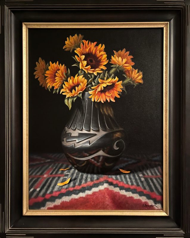 Sue Krzyston Fallen Petals sunflowers Native American rug pot stilllife still life western oil painting framed