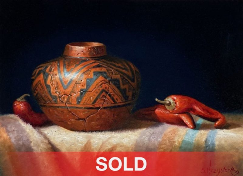 Sue Krzyston Speaks Of The Past Native American Indian still life trompe loeil oil painting pottery western oil painting sold