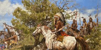 Bradley Schmehl Waiting To Parley Native American Indian horse equine war party spear headdress western oil painting