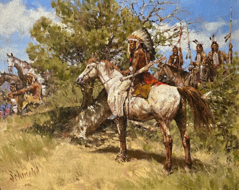 Bradley Schmehl Waiting To Parley Native American Indian horse equine war party spear headdress western oil painting