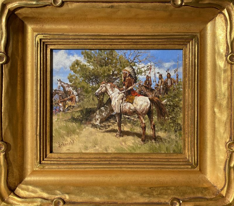 Bradley Schmehl Waiting To Parley Native American Indian horse equine war party spear headdress western oil painting framed