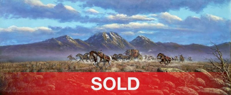 Frank Magsino Over Disputed Land Native America Indian horses stage coach cowboy horse equine battle western landscape oil painting sold