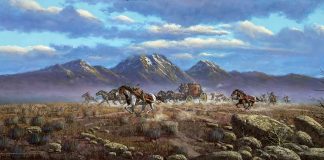 Frank Magsino Over Disputed Land Native America Indian horses stage coach cowboy horse equine battle western landscape oil painting