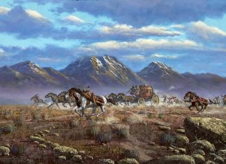 Frank Magsino Over Disputed Land Native America Indian horses stage coach cowboy horse equine battle western landscape oil painting