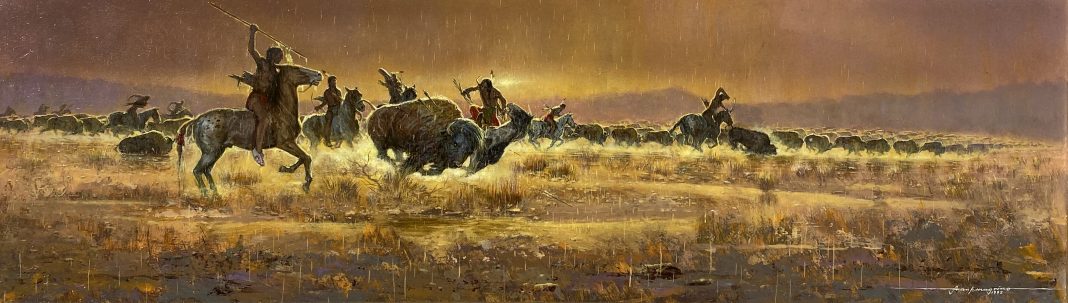 Frank Magsino Sunset Hunt Native America Indian horses buffalo bison horse equine battle western landscape oil painting hunting