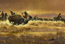 Frank Magsino Sunset Hunt Native America Indian horses buffalo bison horse equine battle western landscape oil painting hunting
