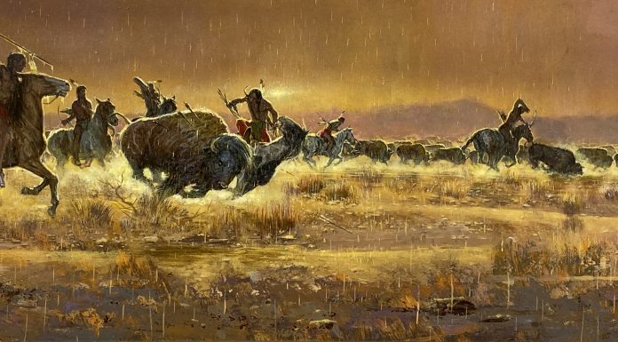 Frank Magsino Sunset Hunt Native America Indian horses buffalo bison horse equine battle western landscape oil painting hunting