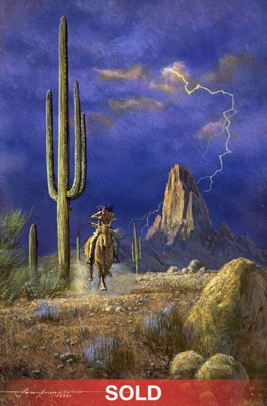 Frank Magsino Thunderstorm Native American Indian lightning saguaro cacti cactus mountain western landscape oil painting sold