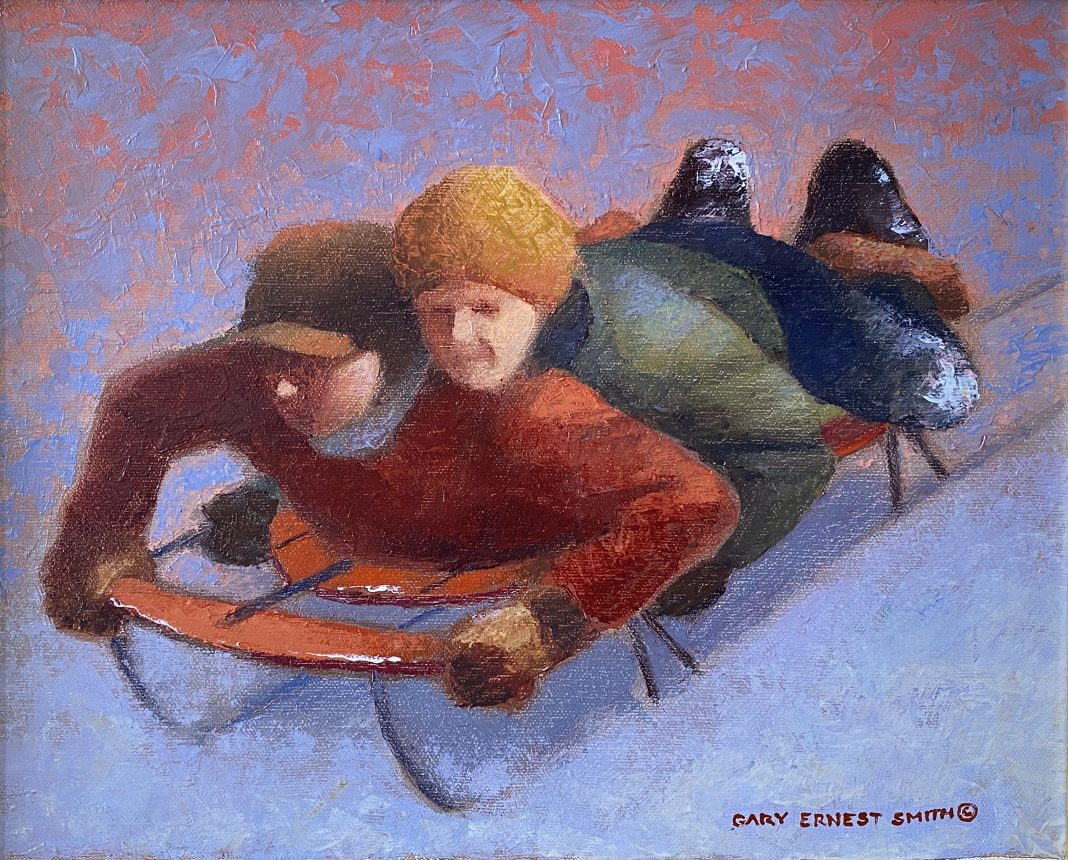 Gary Ernest Smith Hitching A Ride kids boys sledding snow ice down hill winter fun oil painting