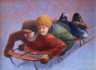 Gary Ernest Smith Hitching A Ride kids boys sledding snow ice down hill winter fun oil painting