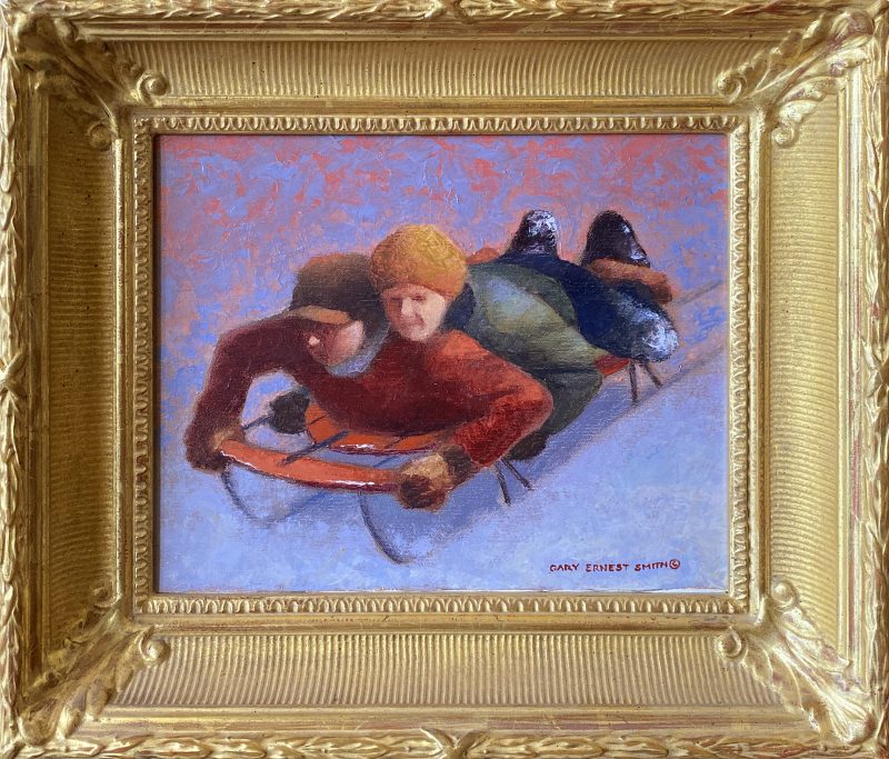 Gary Ernest Smith Hitching A Ride kids boys sledding snow ice down hill winter fun oil painting framed