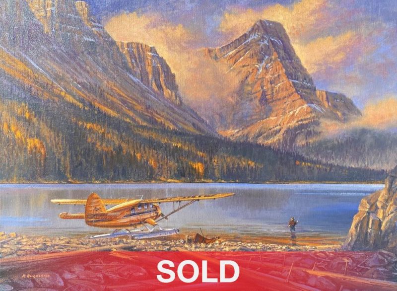 Ross Buckland Breakfast On The Fly airplane plane float plane high mountains lake fly fishing fisherman landscape oil painting sold