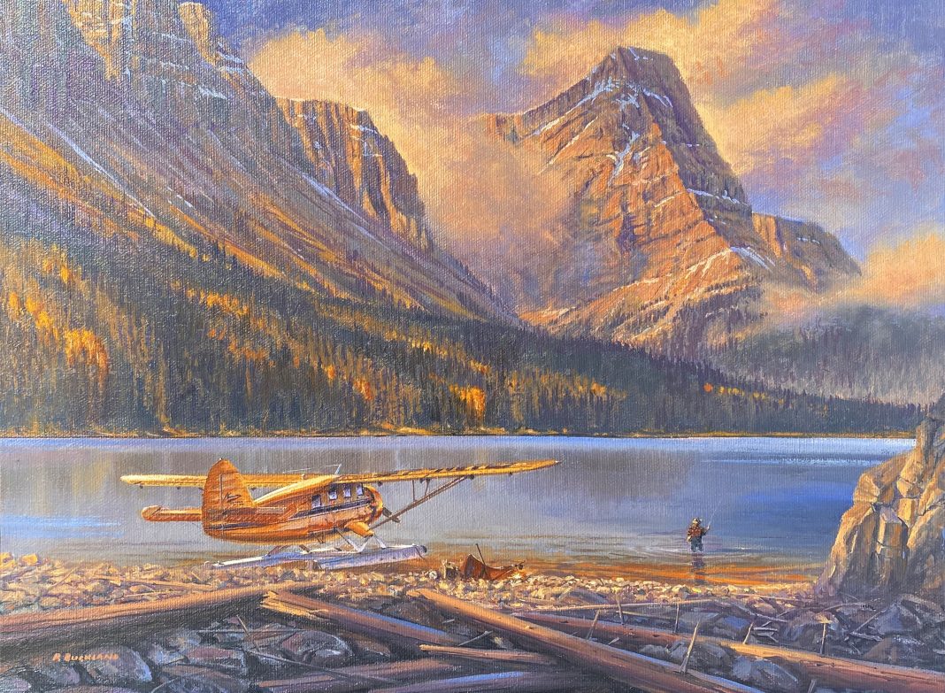 Ross Buckland Breakfast On The Fly airplane plane float plane high mountains lake fly fishing fisherman landscape oil painting