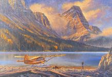 Ross Buckland Breakfast On The Fly airplane plane float plane high mountains lake fly fishing fisherman landscape oil painting