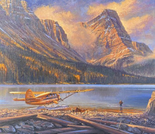 Ross Buckland Breakfast On The Fly airplane plane float plane high mountains lake fly fishing fisherman landscape oil painting