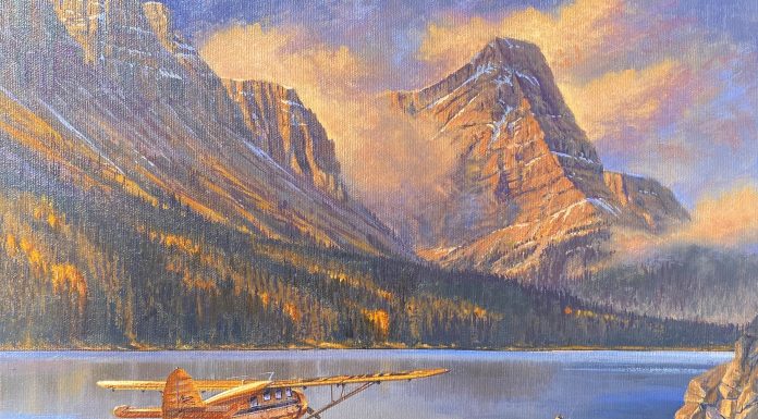 Ross Buckland Breakfast On The Fly airplane plane float plane high mountains lake fly fishing fisherman landscape oil painting