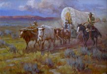 Ted Long The Promised Land steer longhorn covered wagon western cowboy horse equine oil painting