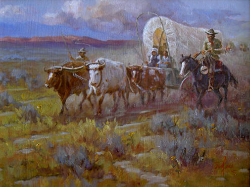 Ted Long The Promised Land steer longhorn covered wagon western cowboy horse equine oil painting