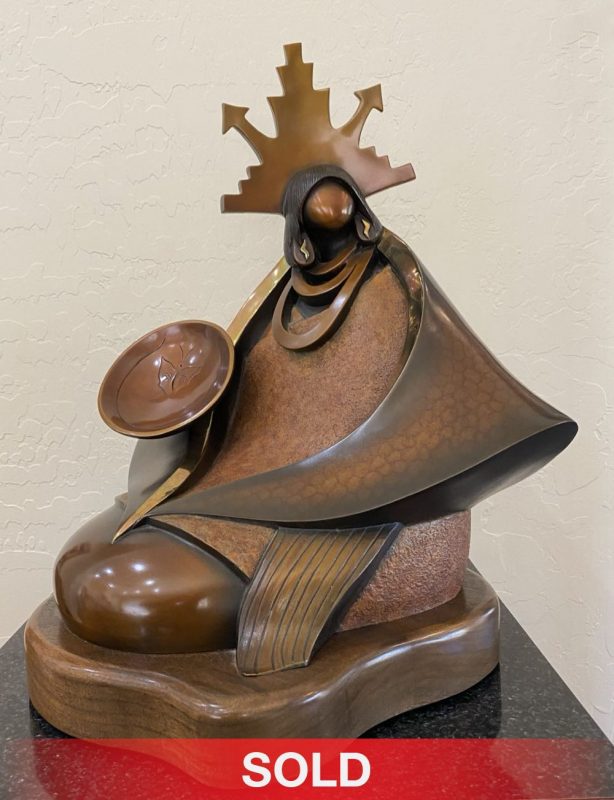 Kim Obrzut Kneeling Butterfly Native American Indian bronze sculpture front sold