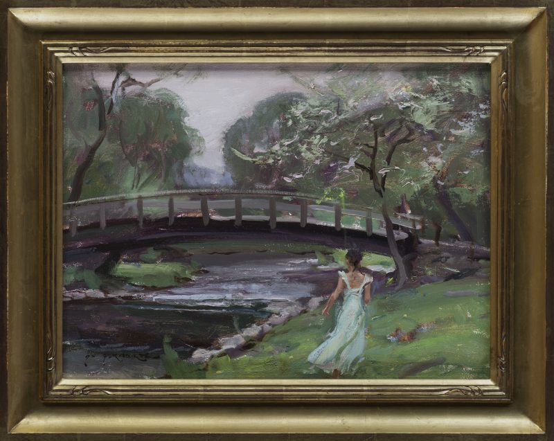 Daniel Gerhartz Softness Of Spring Study female girl figure figurative bridge river stream brook impressionistic landscape oil painting framed