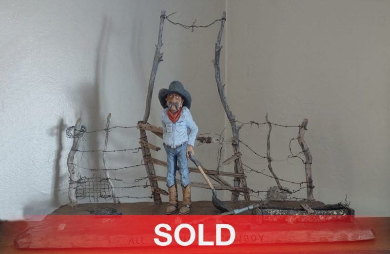 Gene Zesch All Around Cowboy original woodcarving western sculpture cowboy shovel ranch farm sold
