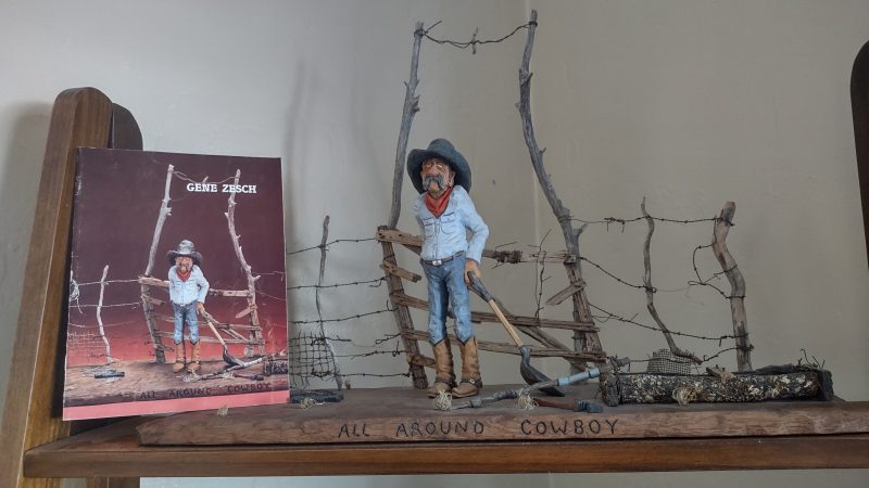 Gene Zesch All Around Cowboy original woodcarving western sculpture cowboy shovel ranch farm with brochure