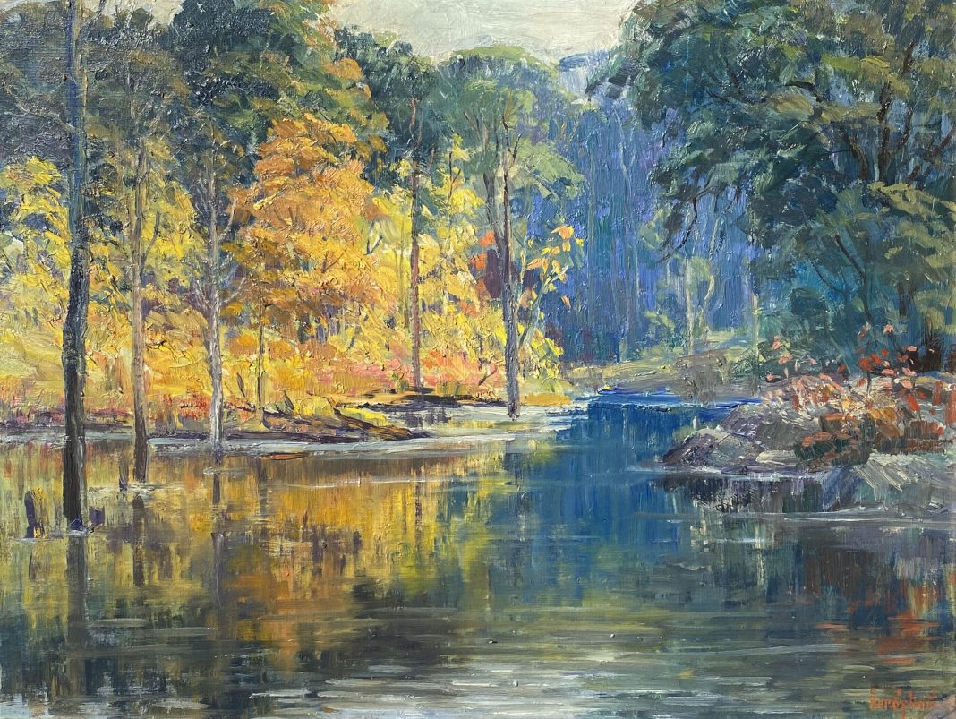 Charles Johan Bergstrom Autumn Reflections water river stream lake inlet brook landscape oil painting