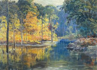 Charles Johan Bergstrom Autumn Reflections water river stream lake inlet brook landscape oil painting
