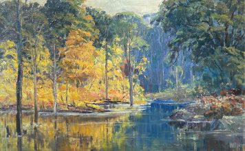 Charles Johan Bergstrom Autumn Reflections water river stream lake inlet brook landscape oil painting