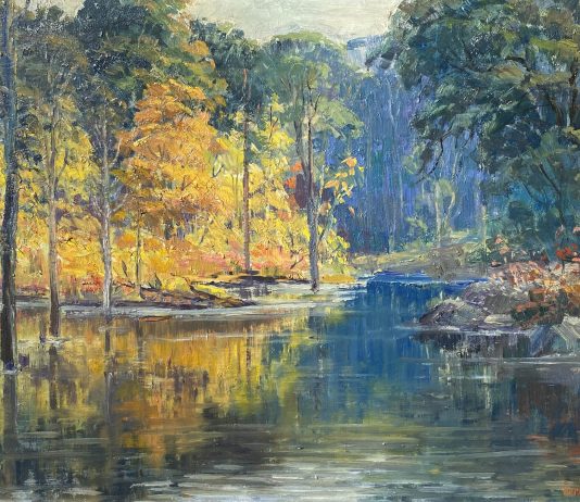 Charles Johan Bergstrom Autumn Reflections water river stream lake inlet brook landscape oil painting