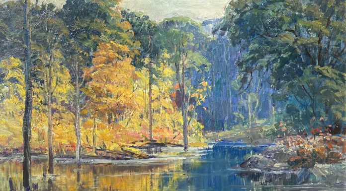 Charles Johan Bergstrom Autumn Reflections water river stream lake inlet brook landscape oil painting