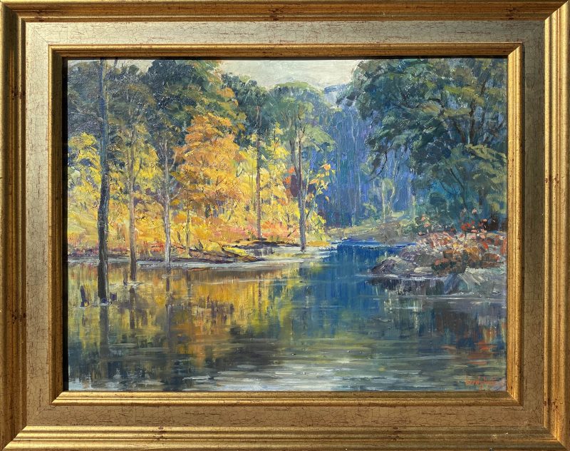 Charles Johan Bergstrom Autumn Reflections water river stream lake inlet brook landscape oil painting framed