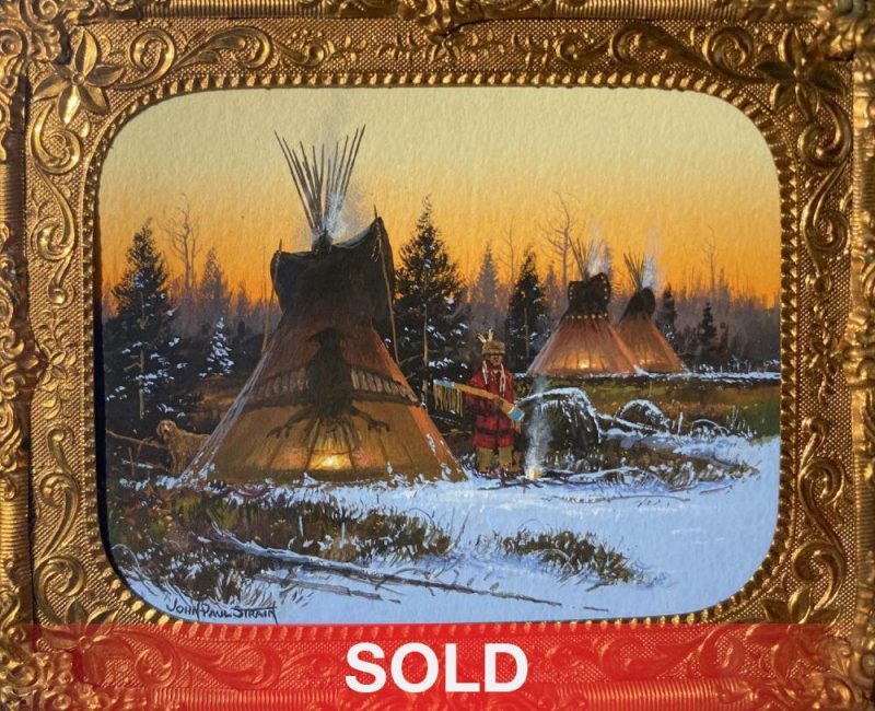 John Paul Strain Crow Winter Camp Native American Indian tee pee tipi encampment village snow western gouache watercolor painting sold