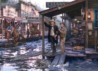 John Paul Strain Wild Bill Hickok Calamity Jane old western town historic historical history western gouache painting
